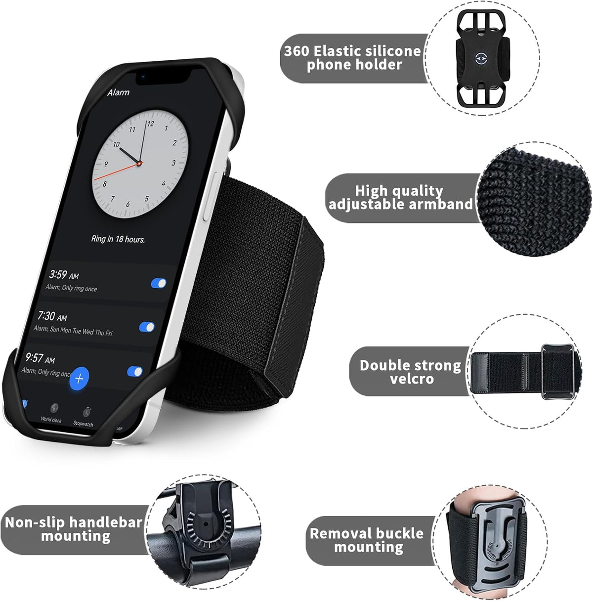 3in1 Running Sports Armband+Wristband+Bicycle Phone Holder,360° Rotation & Detachable Compatible with 4.5-7" Cellphone for iPhone 16/15/Pro/ProMax/14/13/mini/Pro Max/XS/XR