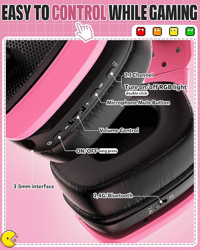 Tatybo Wireless Gaming Headset for PC Ps5 Ps4 2.4 Ghz USB & Type-C Gaming Headphones with Microphone 30H Battery Bluetooth Headphones for Switch Laptop Mobile Mac (Black Pink)