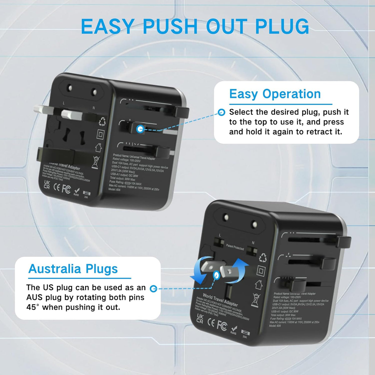 Universal Travel Adapter,adaptador de enchufe de pared internacional de CA de 20 W,cargador de viaje de 2 puertos USB C y 2 puertos USB para EE.UU.UE Reino Unido y Australia