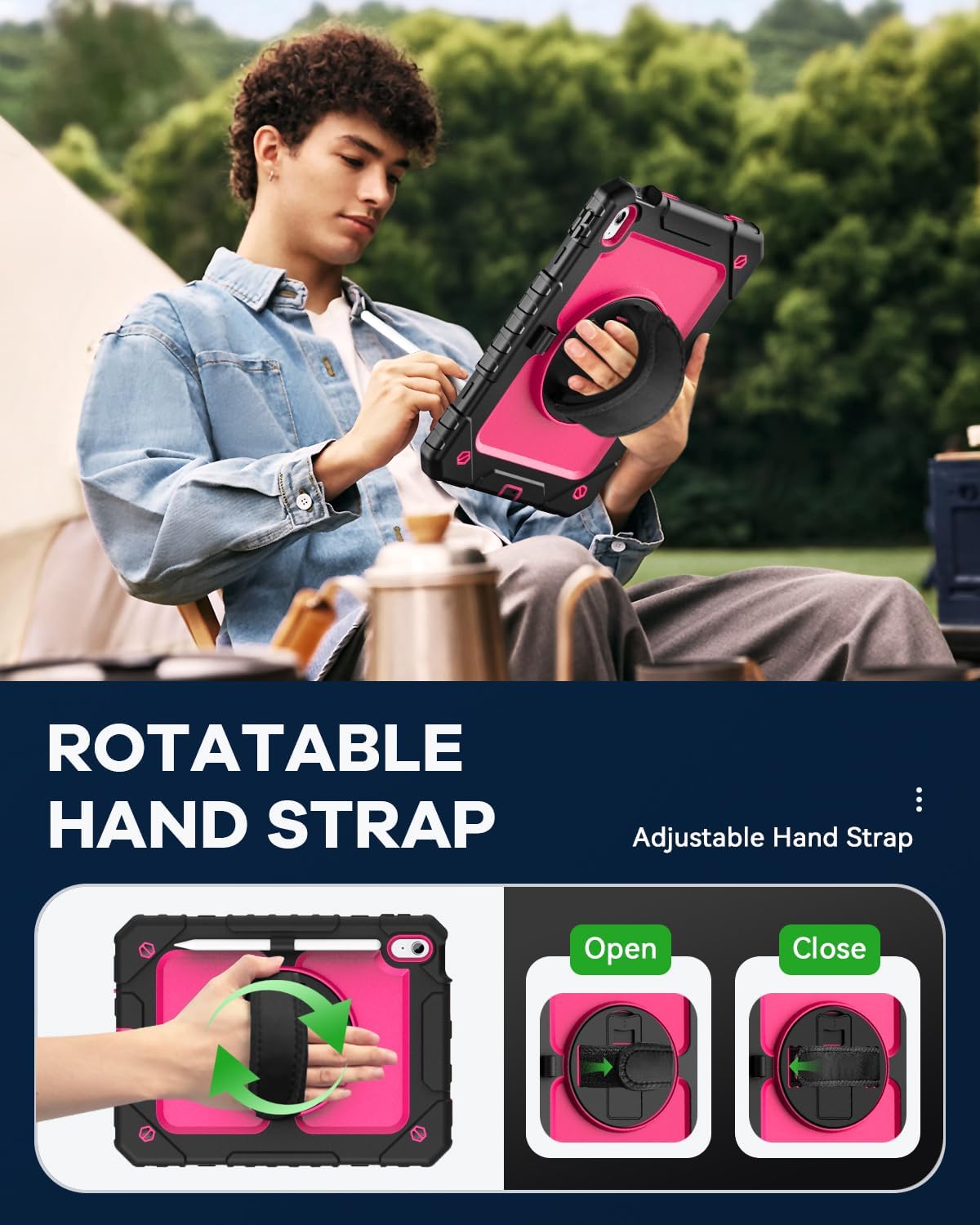 Cantis Case for iPad 11-inch (A16) 2025/ iPad 10th Generation 2022 (10.9 inch) with Screen Protector, iPad 11th Case with 360 Degree Rotating Stand/Shoulder Strap/Pencil Holder, Black+Hot Pink