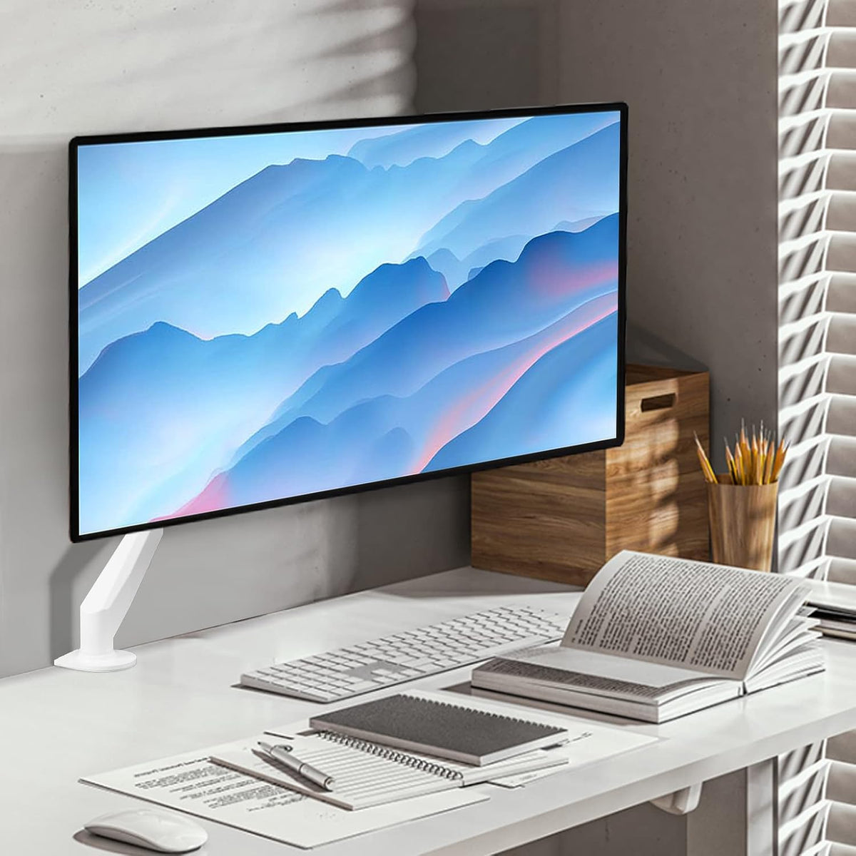 Gas Spring Monitor Arm 32 Inch,Adjustable Single Monitor Desk Mount with Swivel/Tilt/Rotation,Computer Monitors Stand Holder with Clamp/Grommet Mounting Base, VESA Mount Bracket,White