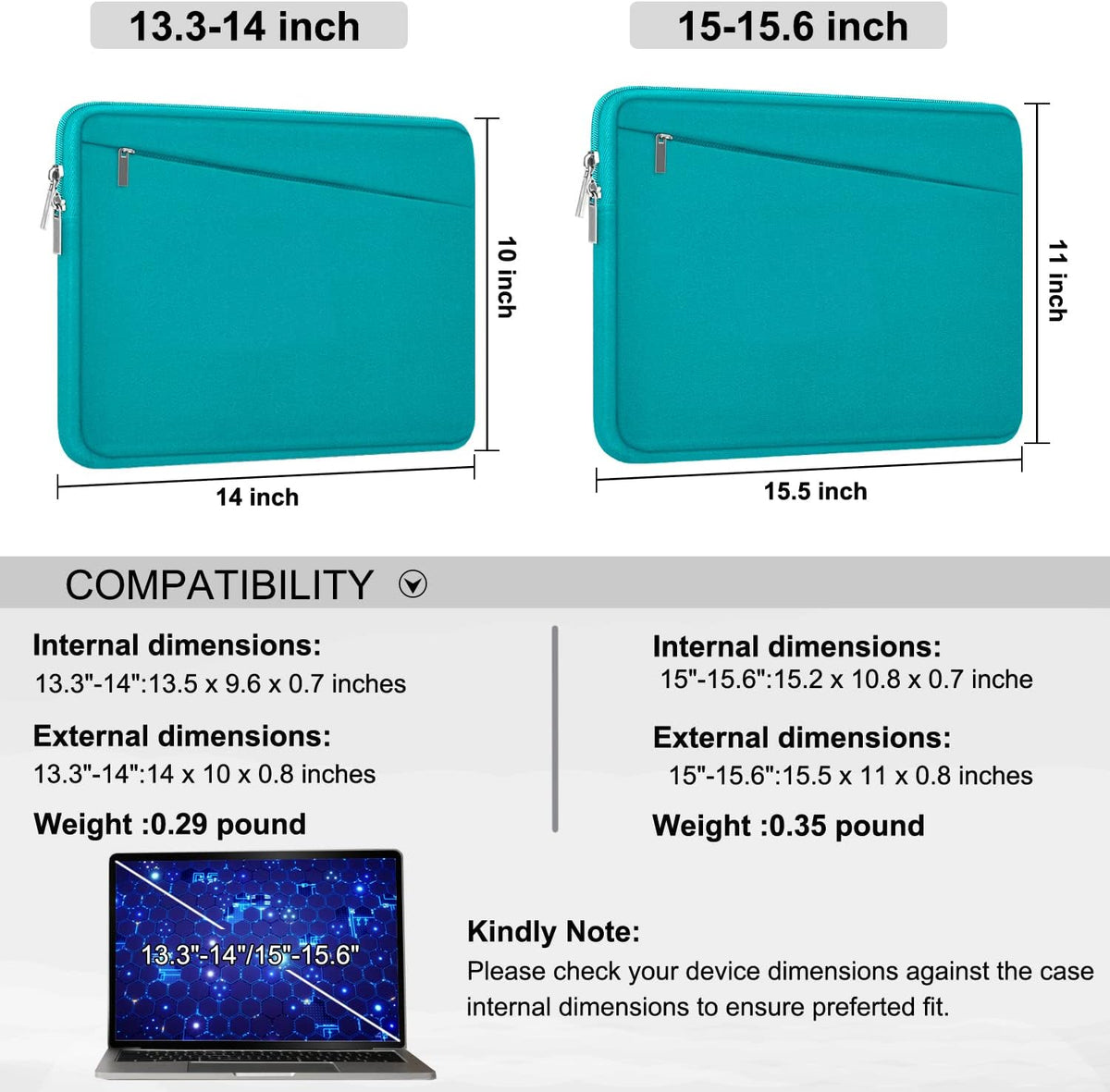 Laptop Sleeve Bag 15.6 inch, Durable Computer Carrying Bag Protective Case Briefcase Handbag with Front Pocket, Slim Laptop Case Cover for 15.6 Inch HP, Dell, Lenovo, Asus, Notebook, Light Blue