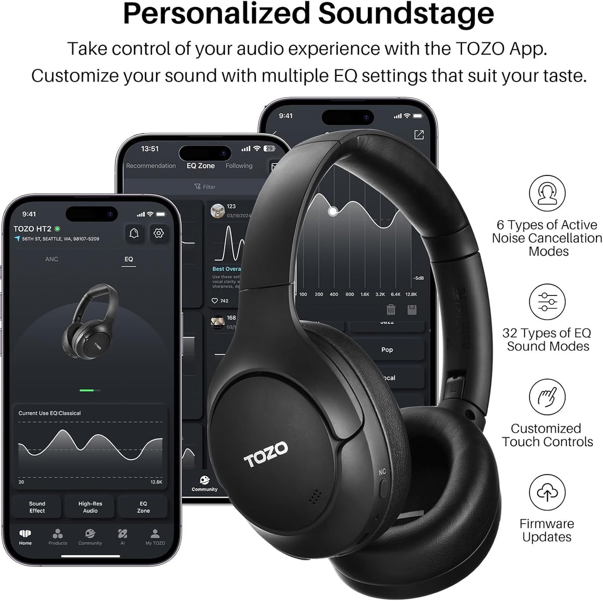 TOZO HT2 Hybrid Active Noise Cancelling Headphones, Wireless Over Ear Bluetooth Headset, 60H Playtime, Hi-Res Audio Custom EQ via App Deep Bass Comfort Fit Ear Cups, for Home Office Travel Black