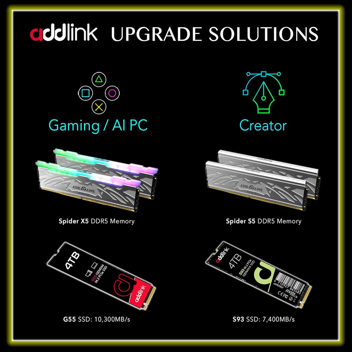 Addlink G55 2TB PCIe 5.0 Gen5 NVMe M.2 SSD- Up to 10,300 MB/s - PC Gaming Upgrade, Photography, Video Editing & Design - Internal Solid State Drive (ad2TBG55M2P)