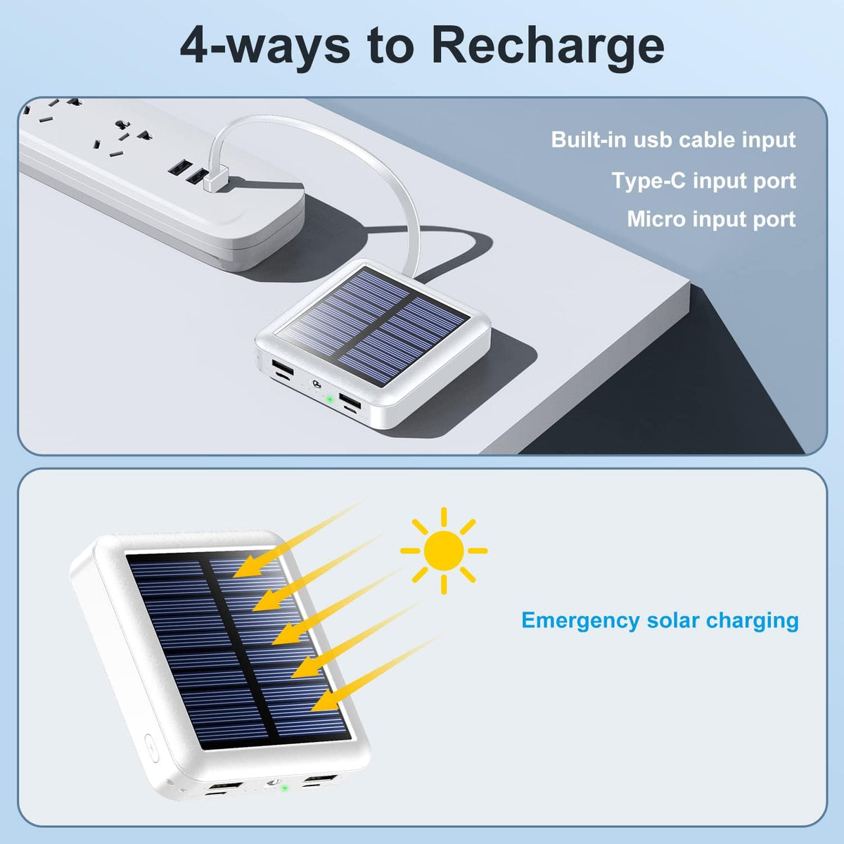 Solar Power Bank 12000mAh,Small Solar Charger Built in 4 Cables,USB C Input/Output,Dual Flashlight External Battery Portable Charger Power Bank for iPhone,Tablet,Samsung