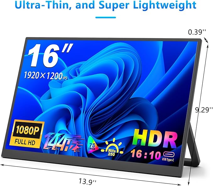 16-inch Portable Monitor 1200P Full HD IPS Panel USB-C as Core Interface HDR HDMI USB-C Mobile Display Compatible with PS5 PS4 Xbox One Switch and More Office & Gaming Extension Screen