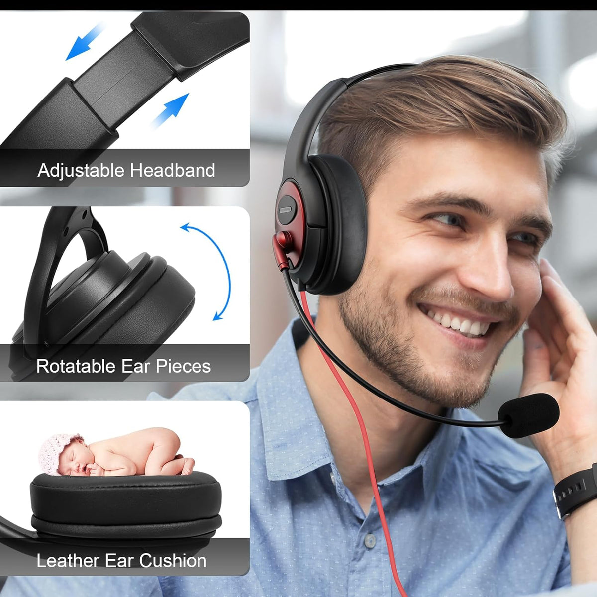 MAIRDI USB Headset with Microphone, Wired PC Headset, USB-A & USB-C Computer Headset with Mic Noise Canceling for Laptop Teams Office Work CallCenter Business Dragon Naturelly Speaking