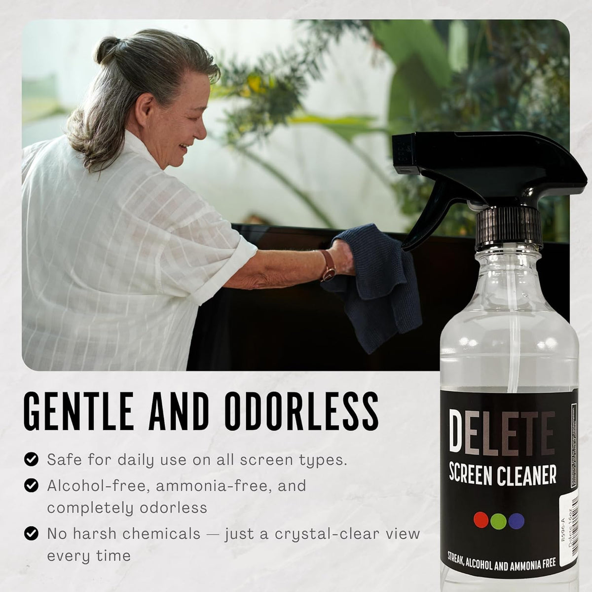 Delete Screen Cleaner Spray Kit, 16oz Bottle and 12"x12" Microfiber Cleaning Cloth, Streak-Free, Safe and Gentle Formula, Multi-Purpose for Devices, Large TVs, Computers, Monitors, Smart Phones