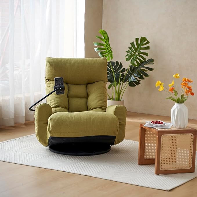 Floor Gaming Chair – 5-Position Adjustable 360° Swivel Folding Sofa Chair with Armrests Cushion-Padded Chaise Lounge for Teens & Adults (Green)