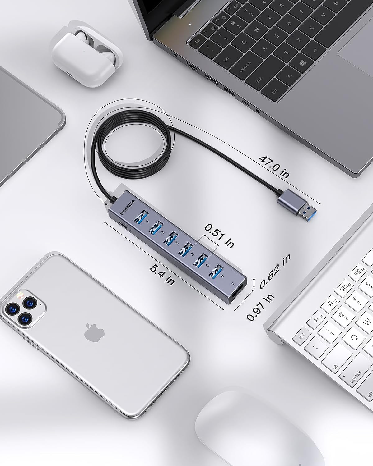 FORIDA USB to USB Hub Long Cable, 8 Ports USB 3.0 Adapter with 7 USB 3.0 Data Ports,USB Splitter with USB C 5V/3A Power Port, 47IN/120CM Main Cable for Laptop PC and More (USB A, 47IN)