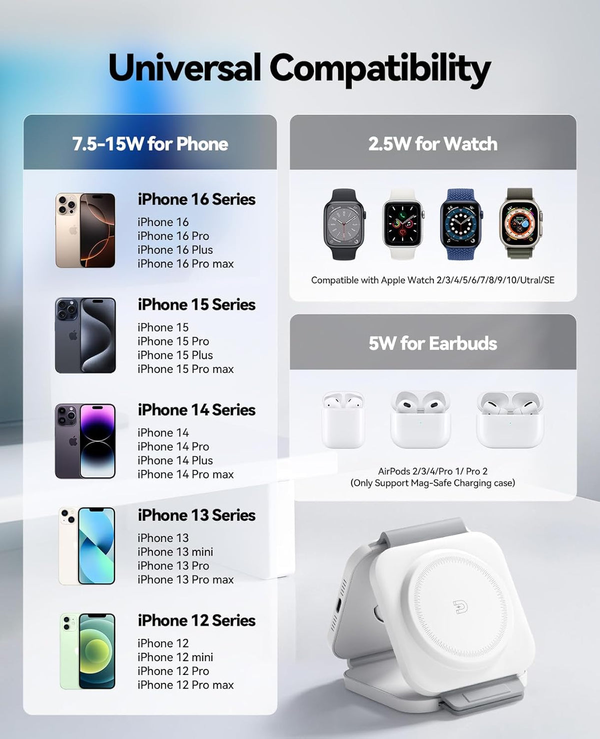 3 in 1 Charging Station for Apple Multiple Devices, Foldable Magnetic Fast Wireless Charger Dock, Travel Charging Pad for iPhone 16 15 14 13 12 Pro Max Plus Apple Watch Series & AirPods 4/3/2/Pro