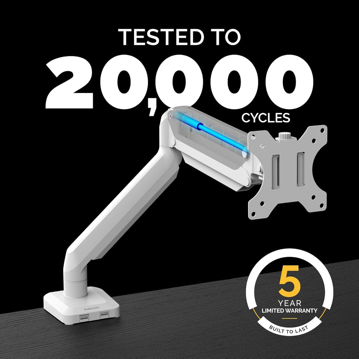 Fellowes Platinum Series Single Monitor Arm for 40-Inch Monitors, Full Motion, 360° Rotation, VESA Mount with Grommet or Clamp, USB Ports, Ergonomic, White, 8056201