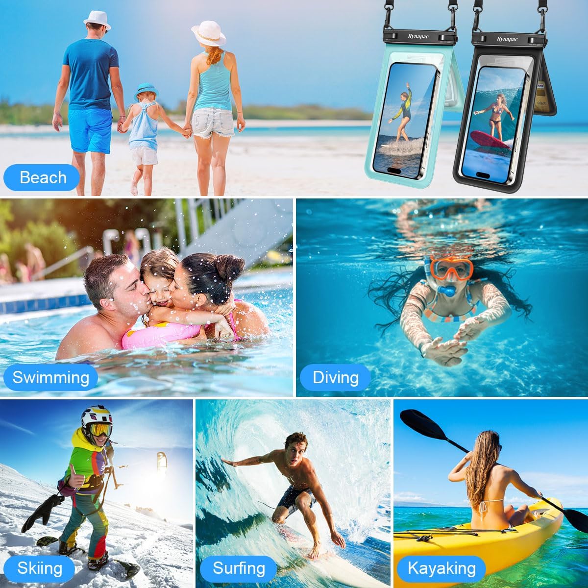 Double Space Waterproof Phone Pouch, 2 Pack Waterproof Phone Case with Lanyard for iPhone 15 Pro Max Galaxy S23 Pixel 7a up to 8.5’’, Cellphone Dry Bag for Beach Vacation