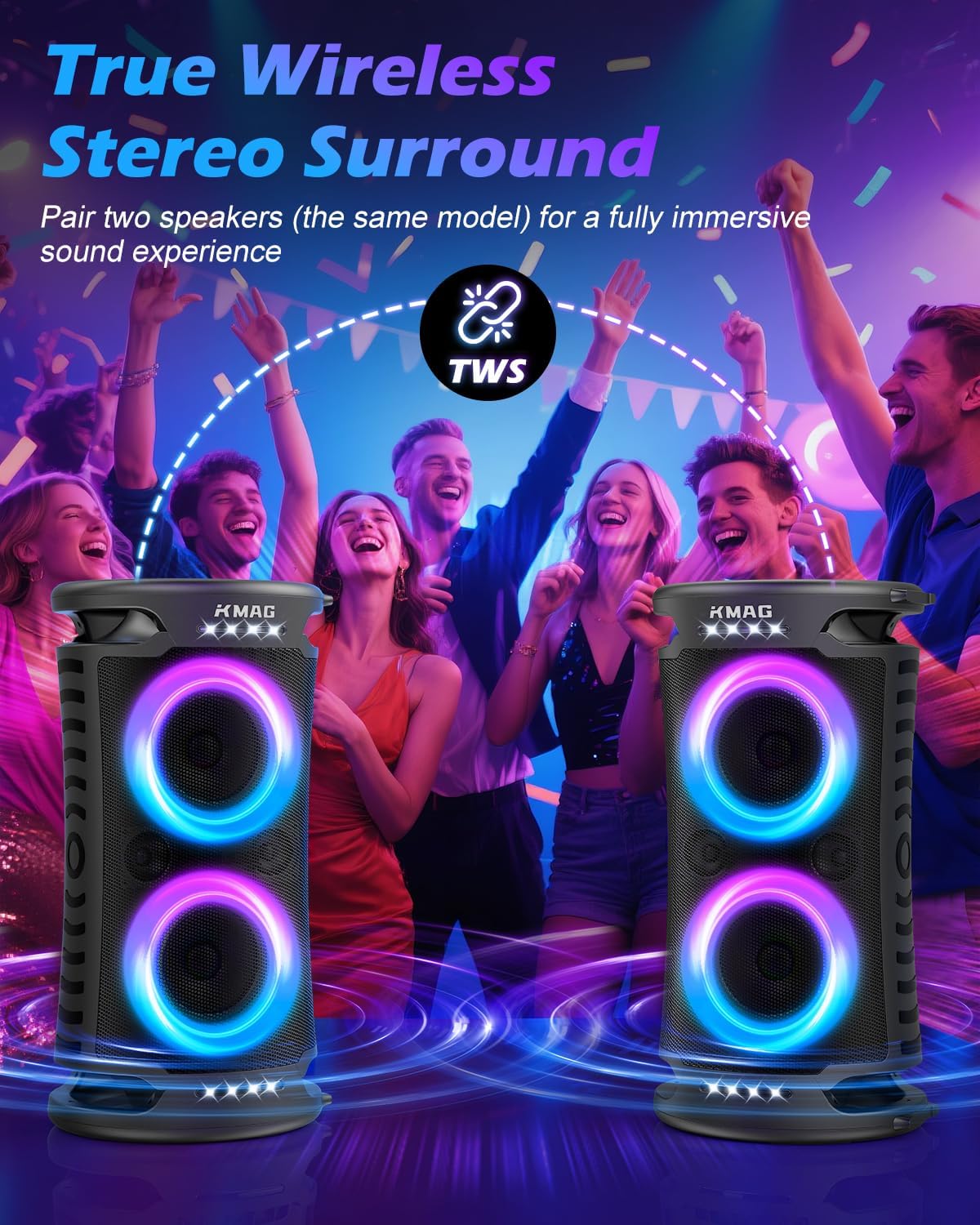Large Bluetooth Speaker, 260W Peak Powerful Loud Sound with Deep Bass, Portable Outdoor Speaker Wireless, 15Hr Playtime, Fast Charge, TWS, Cool Lights for Party, Camping, Beach, Backyard, Home, Work