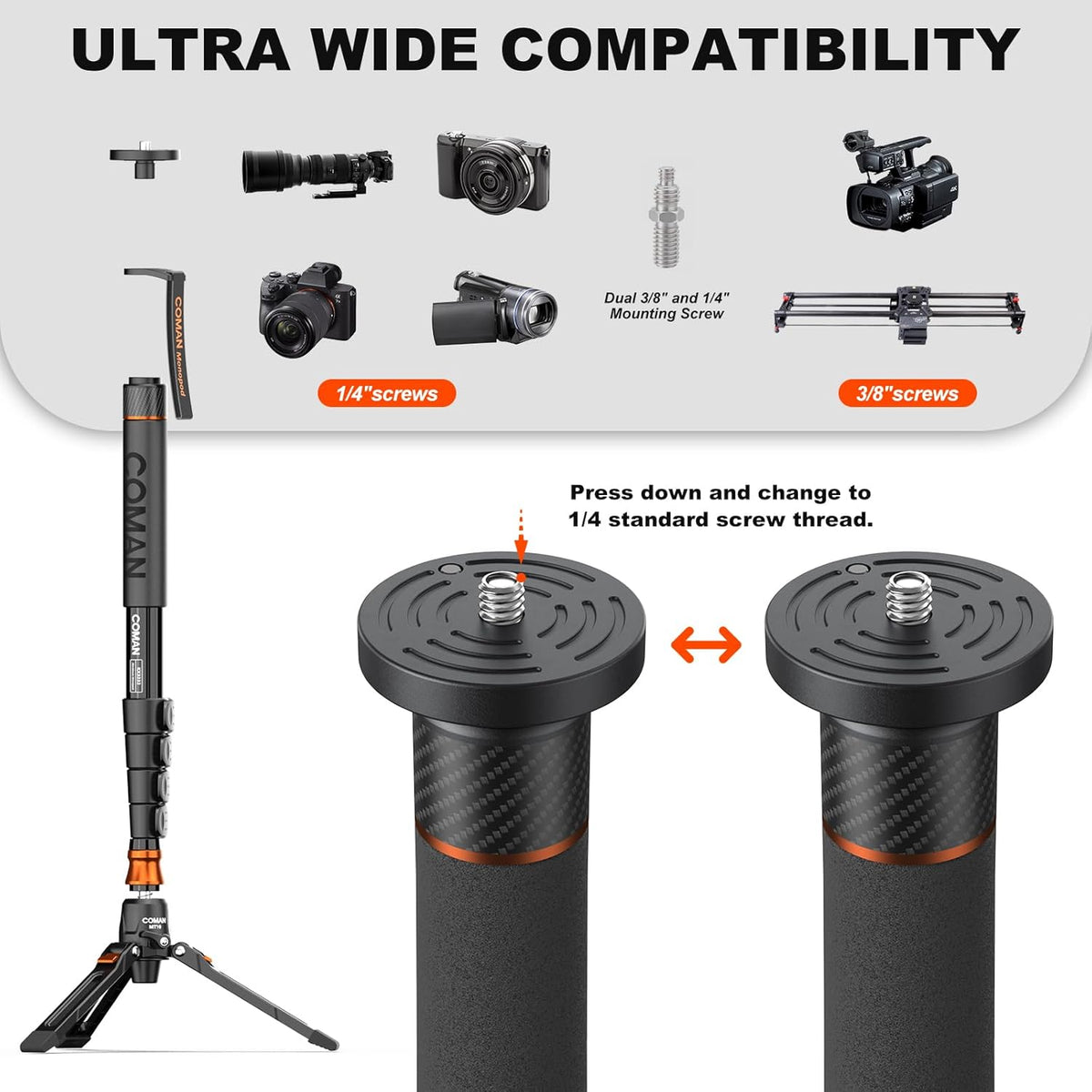 Professional Camera Monopod with Feet, 73.2 inch Aluminum Portable Travel Video Monopod with Removable Tripod Stand Base, Max Load 22 Lbs, New Q6 Fluid Head for DJI RS4 Manfrotto