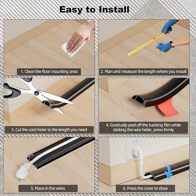 Kneelisa 10FT Side-Open Extension Cord Covers for Wires on Floor,Silicone Power Cable Protector Cord Hider Management Strip,Hide Electric Wire on Carpet,Chord Runner Protective Safety,Black