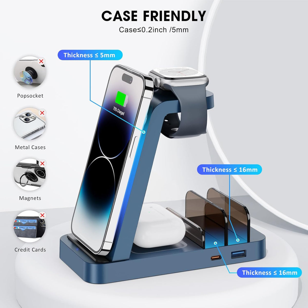 Wireless Charger for iPhone - 5 in 1 Charging Station for Multiple Devices Apple: Fast Wireless Charging Stand Dock for iPhone 16e 16 15 14 13 12 Pro Max Apple Watch Airpods(Blue)