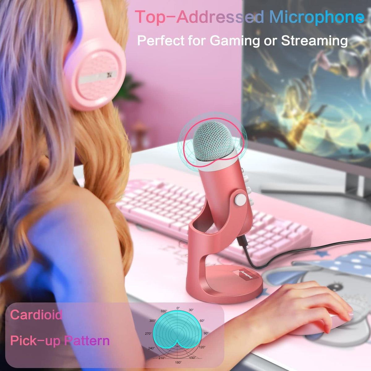 ZealSound USB Microphone,Condenser Computer Mic,Plug&Play Gaming Microphones for PS 4&5.Headphone Output&Volume Control,Mic Gain Control,Mute Button,YouTube Podcast on Mac&Windows Pearlescent Pink