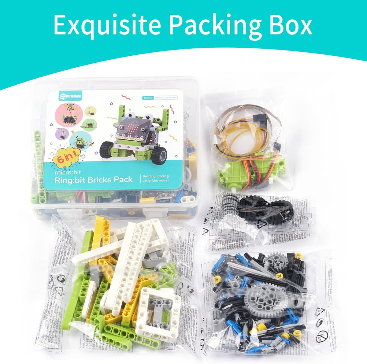 6-in-1 Programmable 200+ ELECFREAKS microbit Ring:bit Starter Kit, Makecode Coding Learning Kit with Building