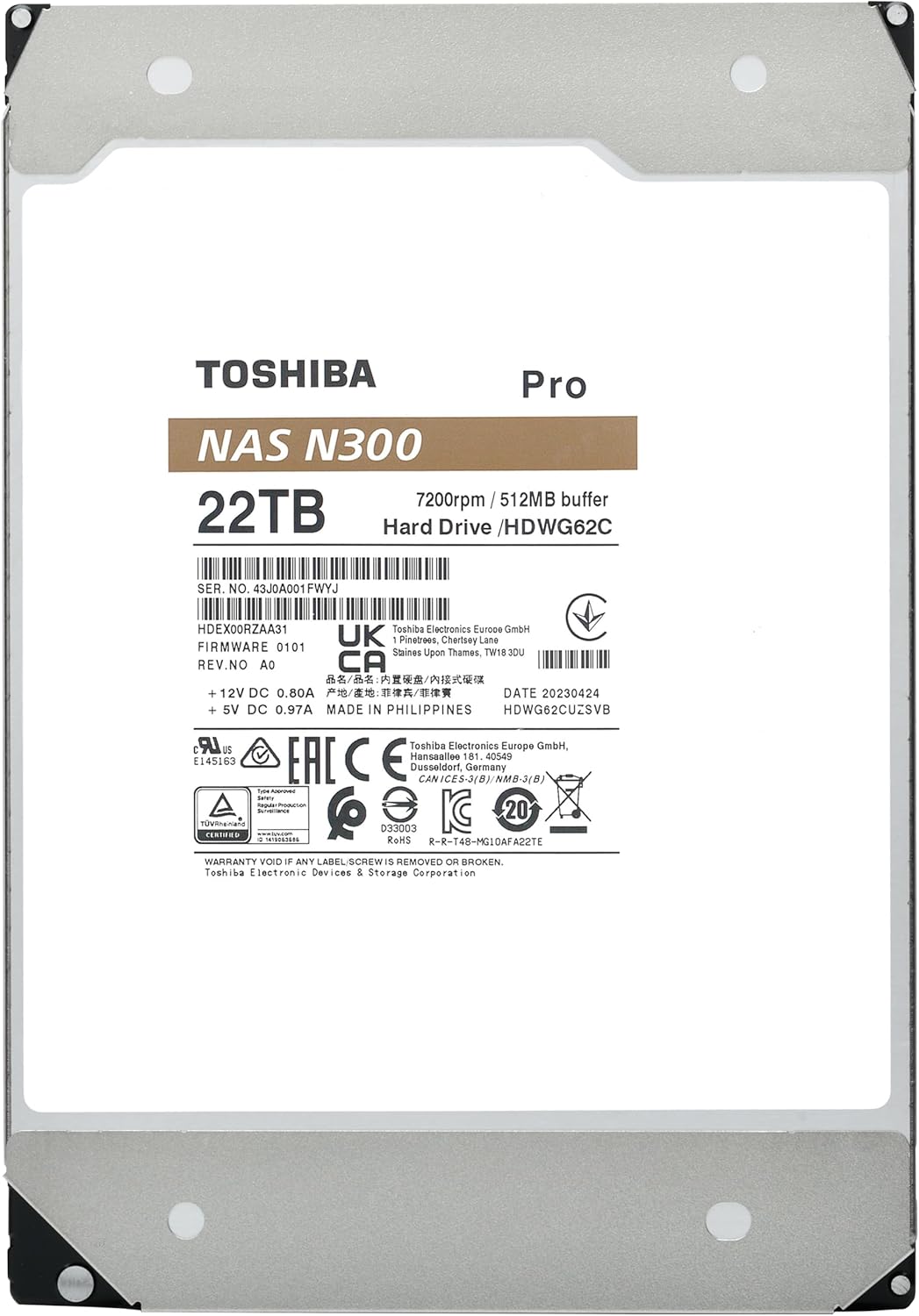 Toshiba N300 PRO 22TB Large-Sized Business NAS (up to 24 Bays) 3.5-Inch Internal Hard Drive - Up to 300 TB/Year Workload Rate CMR SATA 6 Gb/s 7200 RPM 512 MB Cache - HDWG62CXZSTB
