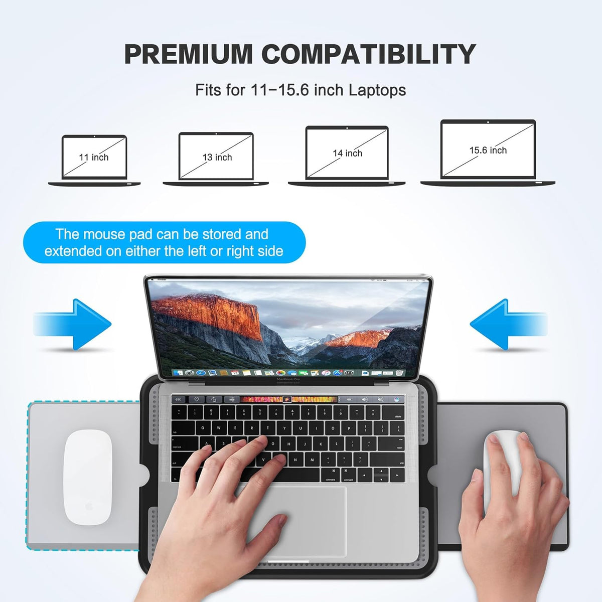 AboveTEK Portable Laptop Lap Desk w/Retractable Left/Right Mouse Pad Tray, Non-Slip Heat Shield Tablet Notebook Computer Stand Table w/Sturdy Stable Work Surface for Bed Sofa Couch or Travel
