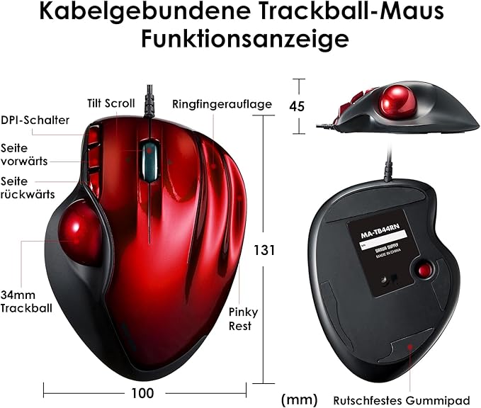 SANWA Wired Ergonomic Trackball Mouse Programmable Roller Ball Mice Tilt Scroll 400/800/1200/1600 DPI Computer trackball & Finger Rest Compatible with Mac Windows Laptop Chrome OS Red