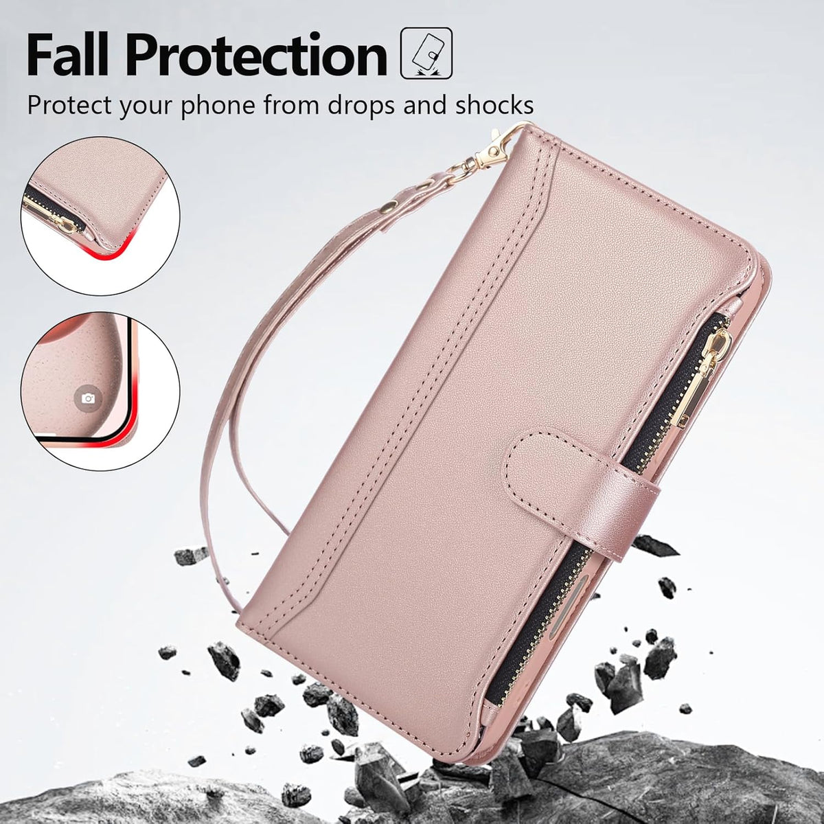Compatible with iPhone 12/12 Pro Wallet Phone Case-PU Leather Magnetic Flip Cover with Credit Card Slots,Zipper Pocket & Detachable Wrist Strap,Shockproof Design,for Women and Men-Pink
