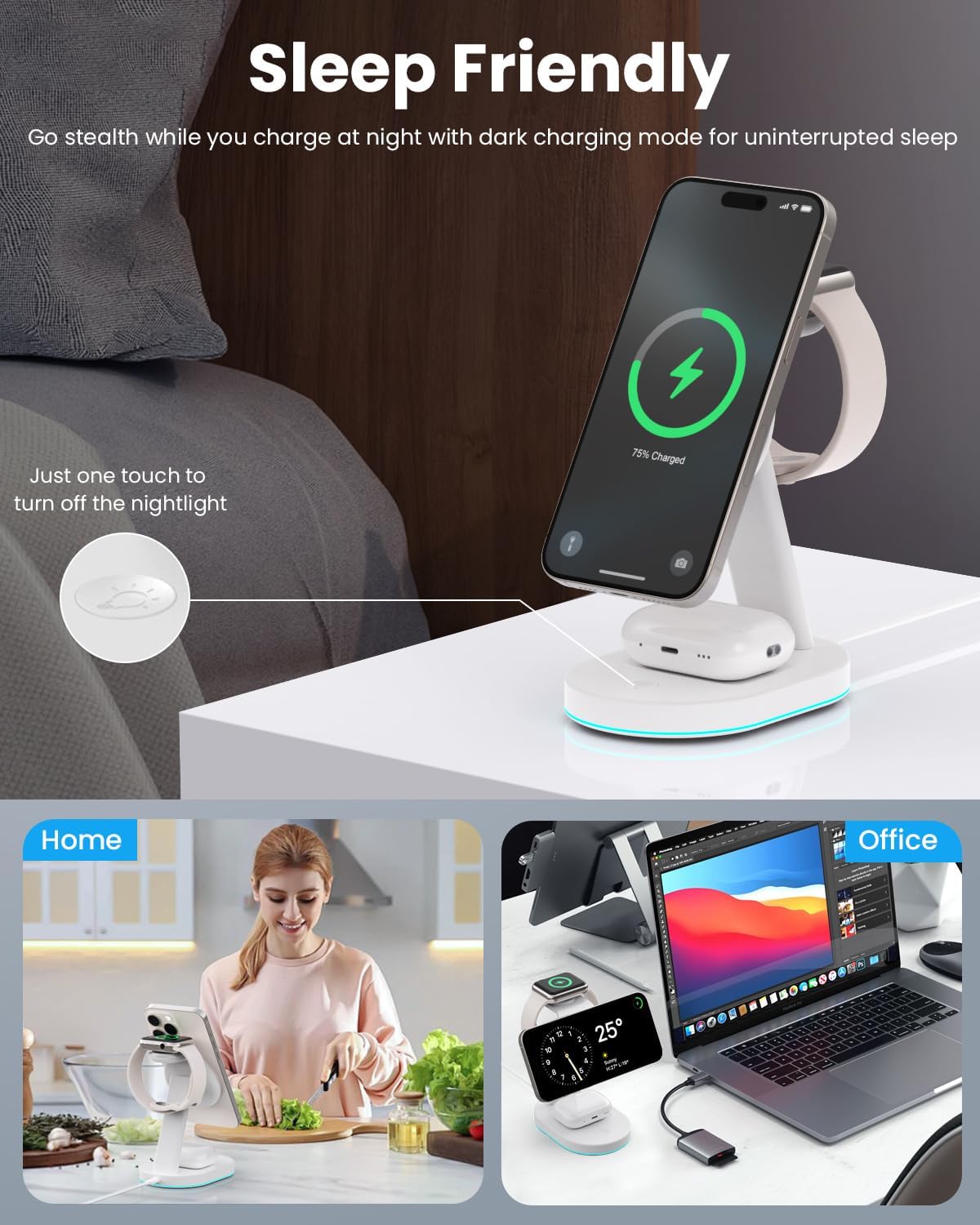 3 in 1 Wireless Charger Charging Station for iPhone,Qi2 Certified 15W Magnetic Charging Stand for Mag-Safe with 30W USB C Adapter&Friendly Night Light for iPhone 16/15/14/13/12,Apple Watch,AirPods