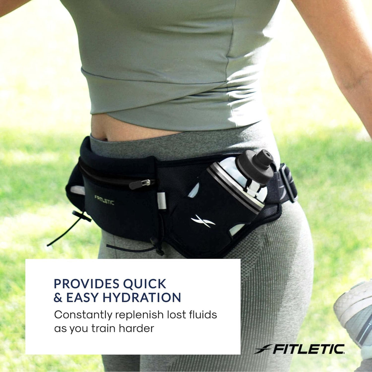 Fitletic Hydration Running Belt with Water Bottles for Men & Women – 2 Quick Flow 8oz Running Water Bottles, Patented Bounce Free Design, Water Resistant Pouch Fits All Phones – Hydra 16