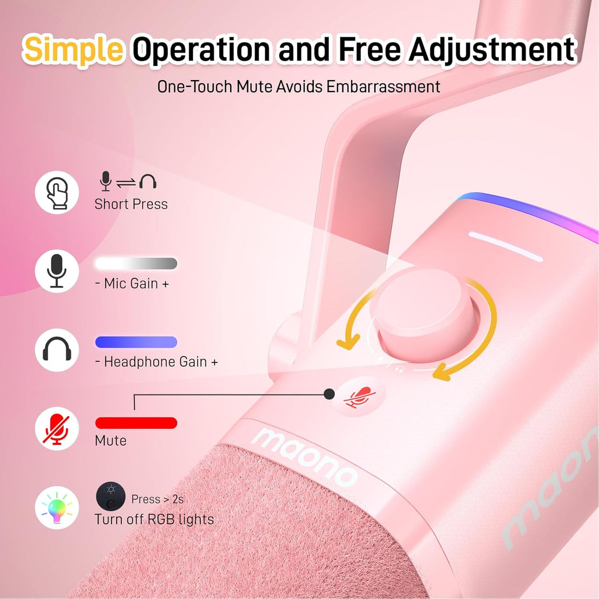 MAONO XLR/USB Gaming Microphone Kit: Dynamic PC Mic for Streaming Podcasting, Software Support, Mute Button, Gain Control, RGB Computer Mic with Boom Arm Stand, for Recording, PS4/PS5, PD100XS Pink