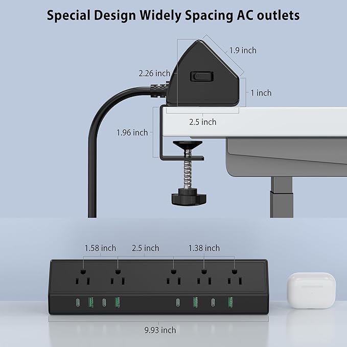 Jgstkcity Desk Clamp Power Strip USB C 45W,8 USB,15FT Cable,Black