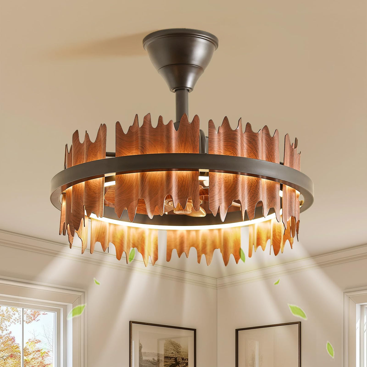 SAYTOP 19.7 Rustic Caged Ceiling Fan with Light, Farmhouse Wood Fandelier Ceiling Fan, 6 Speed and Reversible, Dimmable LED C