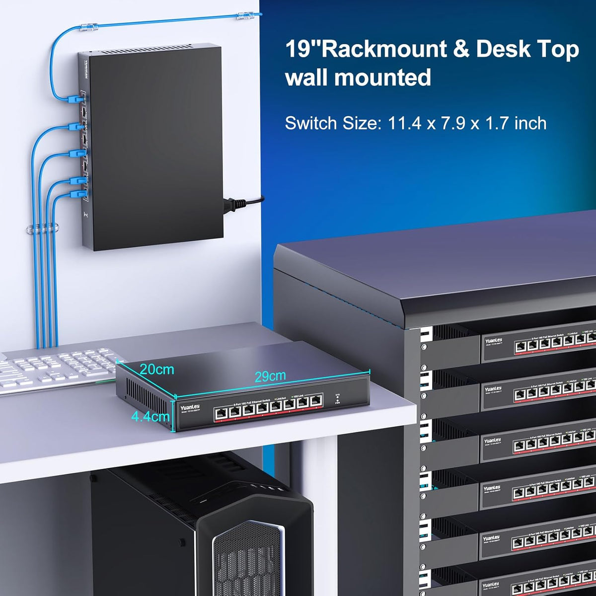 YuanLey 8 Port 10G PoE Switch Unmanaged, 8 x 10G Base-T PoE Ports, IEEE802.3af/at, 110W Built-in Power, Compatible with 1G/2.5G/5G/10G, Metal Case, Rackmount/Wall Mount 10Gbe Network Switch
