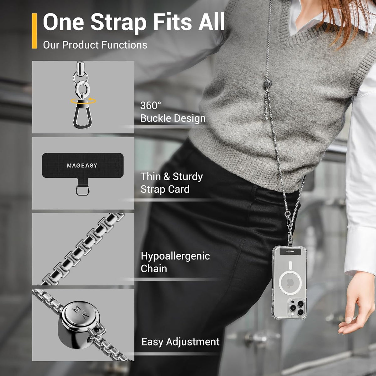 MAGEASY Crossbody Phone Chain Strap - Universal Metal Crossbody Phone Lanyard With Adjustable Length, Chic Cell Phone Necklace Crossbody Strap for iPhone & Android Phones - Silver Metal