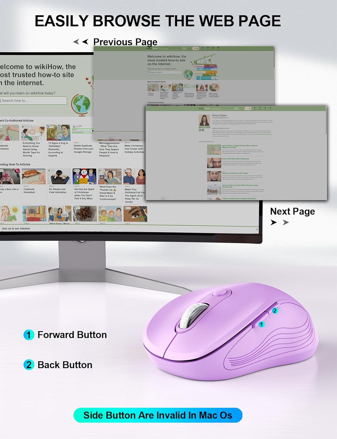 Trueque Wireless Mouse for Laptop, 2.4GHz Ergonomic Computer Mouse with Back & Forward Buttons, 3-Level DPI, 6 Buttons, Optical USB Cordless Mice for Windows Chromebook MacBook PC (Lavender)
