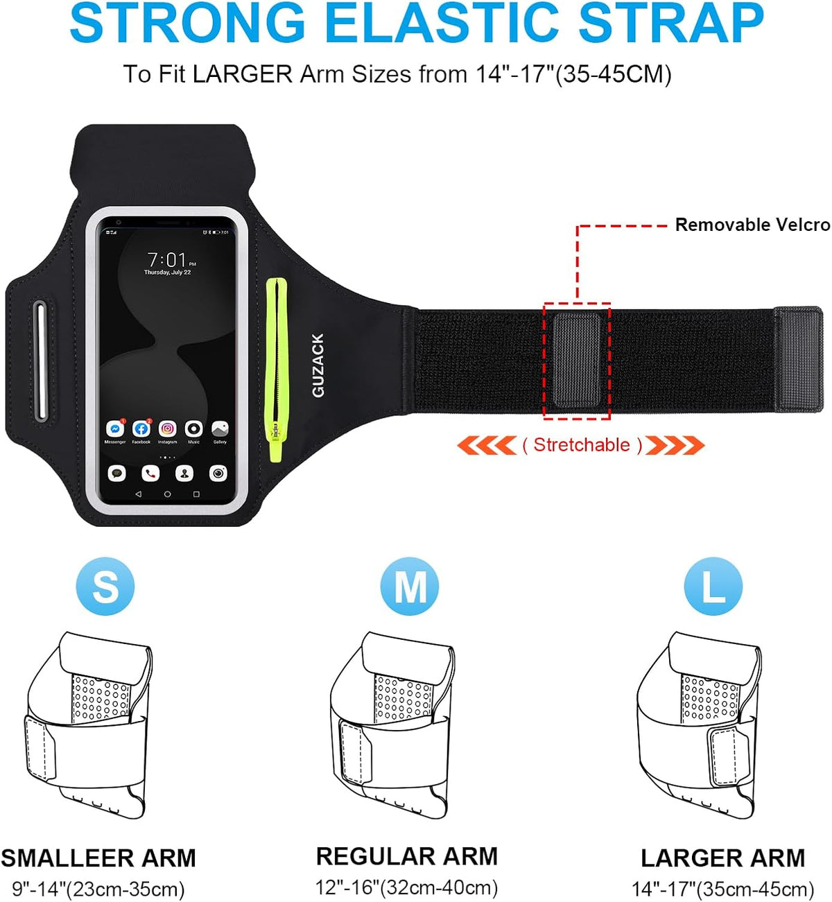GUZACK Running Armband for iPhone 16 15 14 13 Pro Max, Galaxy S25 S24 S23 S22, with Card Slot & Key Pockets, Sports Arm Bands Phone Holder, Fit Up to 6.9 Inches Phone - Size L (Bigger Arm 14-17 in)