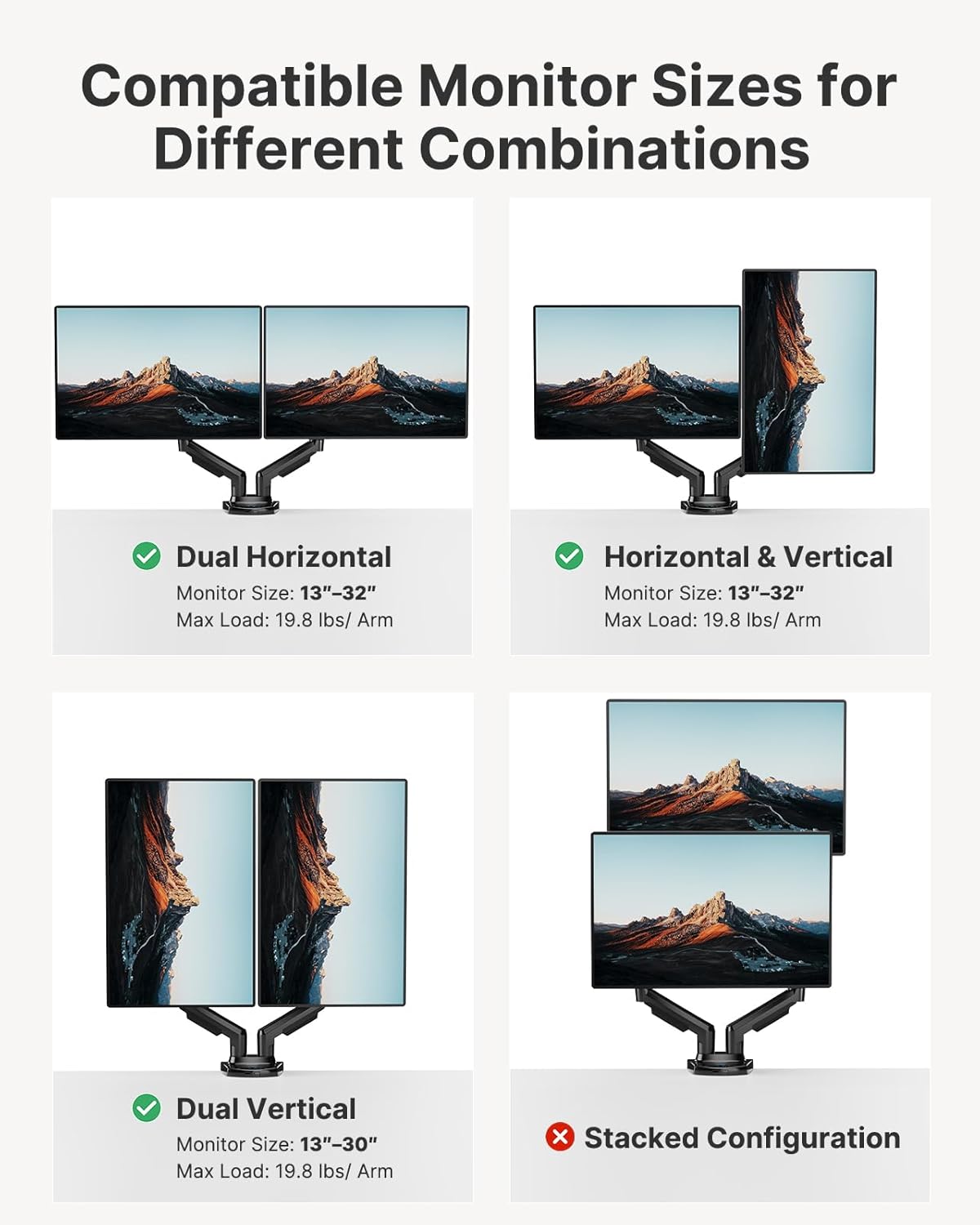 HUANUO Dual Monitor Stand - Full Adjustable Monitor Desk Mount Swivel Vesa Bracket with C Clamp, Grommet Mounting Base for 13 to 32 Inch Computer Screens - Each Arm Holds 4.4 to 19.8lbs