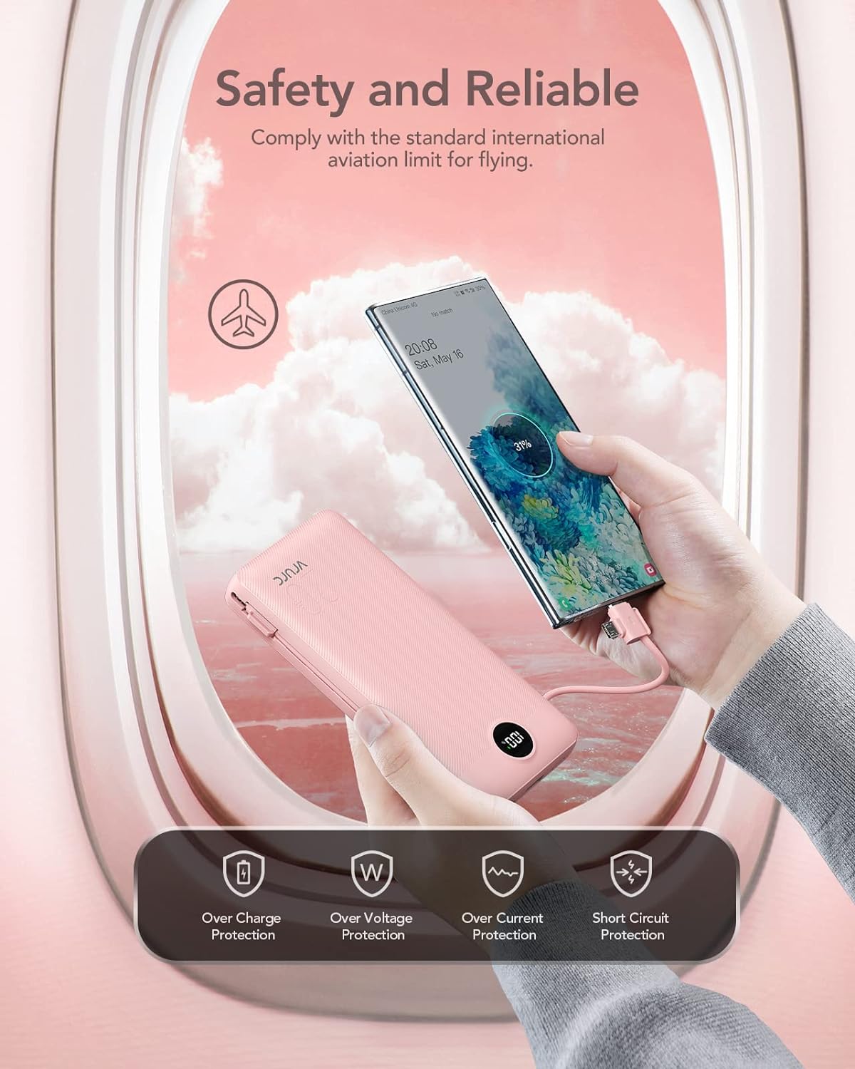 VRURC Portable Charger 20000mAh, Fast Charging Power Bank USB C,4 Output 2 Input Travel Essentials Charging Bank Equipped with LED Display,Built-in Wall Plug and Cables,Phone Charger Battery,Pink
