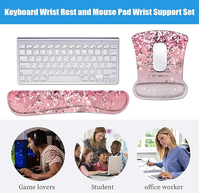 Keyboard Wrist Rest and Mouse Wrist Rest Pad Set with Coasters Ergonomic Support Non-Slip PU Base Easy Typing & Relieve Wrist Pain for Home Office Working Studying Pink Bible Verse Proverbs 31