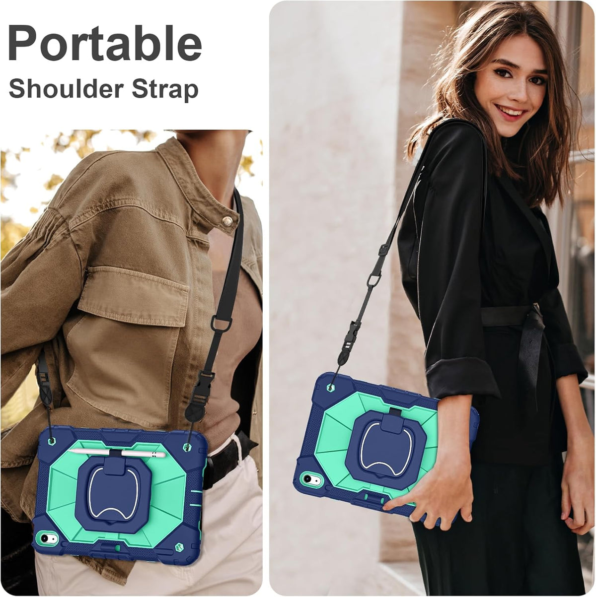 Case for iPad (A16) 11th Generation 11 Inch (2025), iPad 10th Generation Case 10.9 Inch (2022), Shockproof Cover with 360° Rotating Stand Screen Protector Pen Holder Shoulder Strap, Navy Mint
