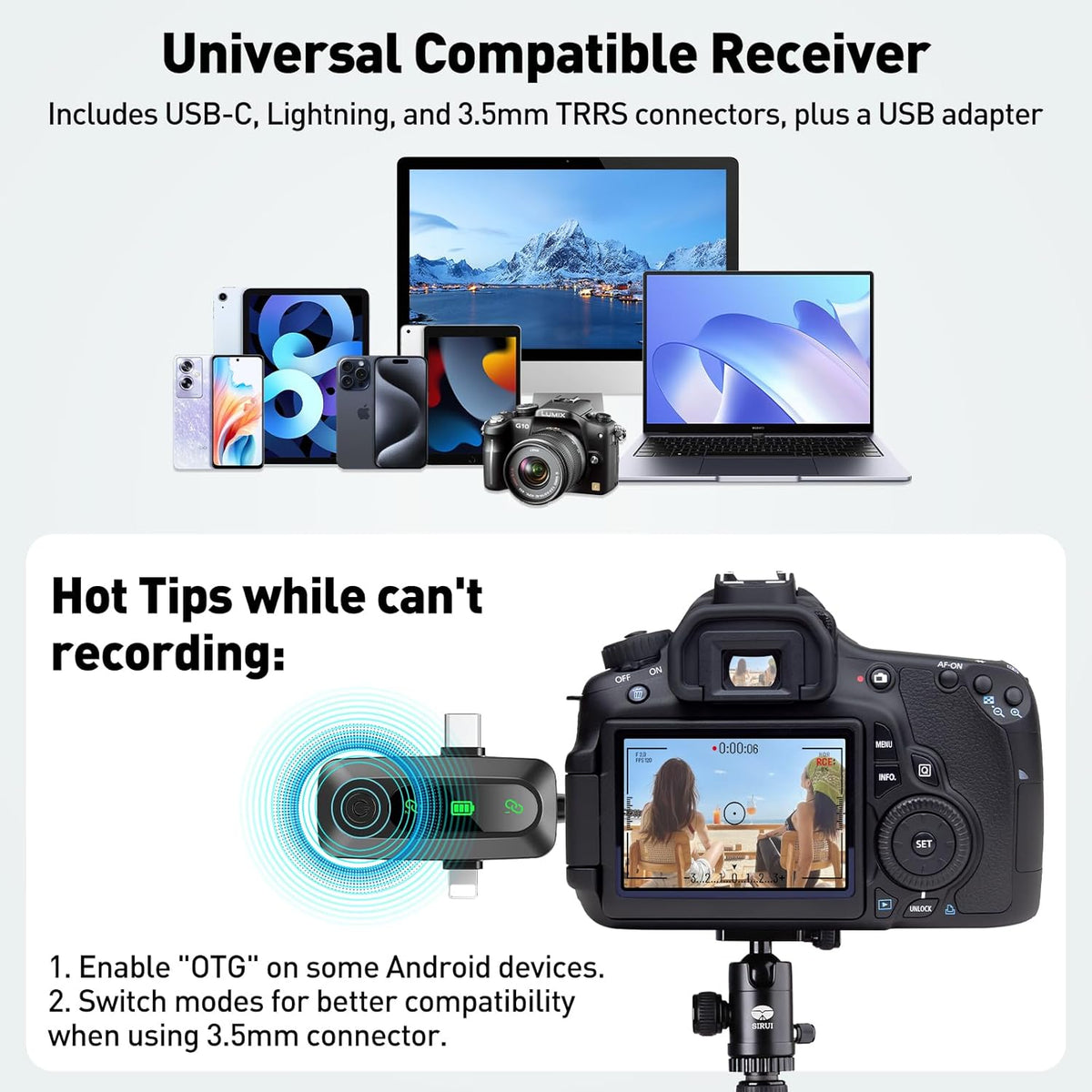 Wireless Lavalier Microphone for iPhone, Android, USB C, PC, Camera Video Recording 4 in 1 Clip-on Mics with Rotatable Clip&Denoise Recording, for Vlog Tiktok YouTube Podcast Content Creator