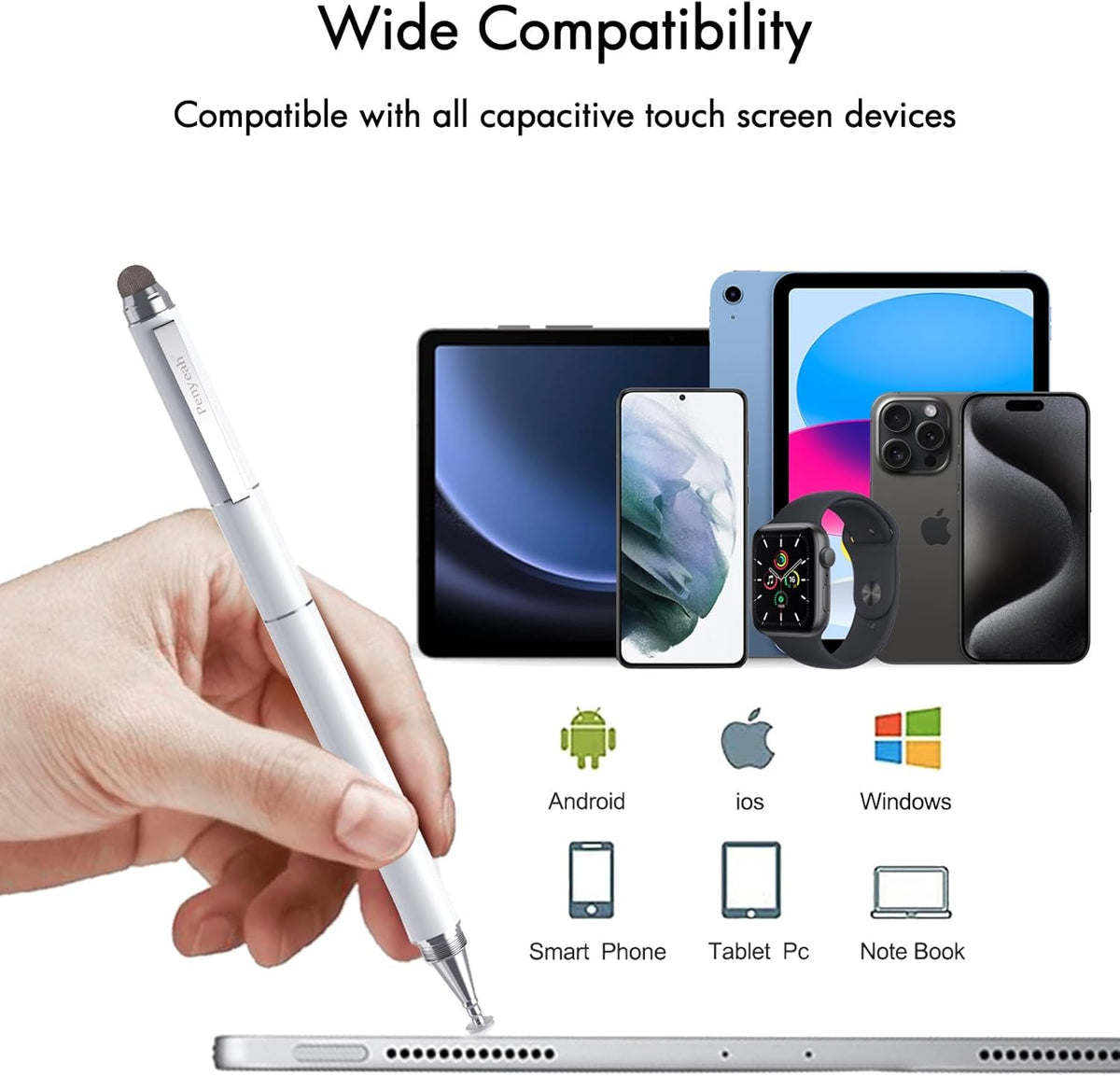 Stylus Pen for Touchscreen - Versatile 4 in 1 High Sensitivity and Precision Tablet Stylus Pen, Universal for iPad,iPhone,Samsung,Android All Capacitive Touch Screens-White