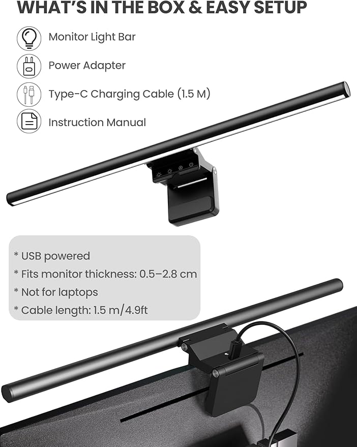Monitor Light Bar 19.7” No-Glare Asymmetric Screen Lamp Auto-Dimming CRI Ra97 2700K–6500K & Stepless Dimming Touch Control Includes 5V/2A Adapter Fits 0.2–1.1” Monitors (Not for Laptops)