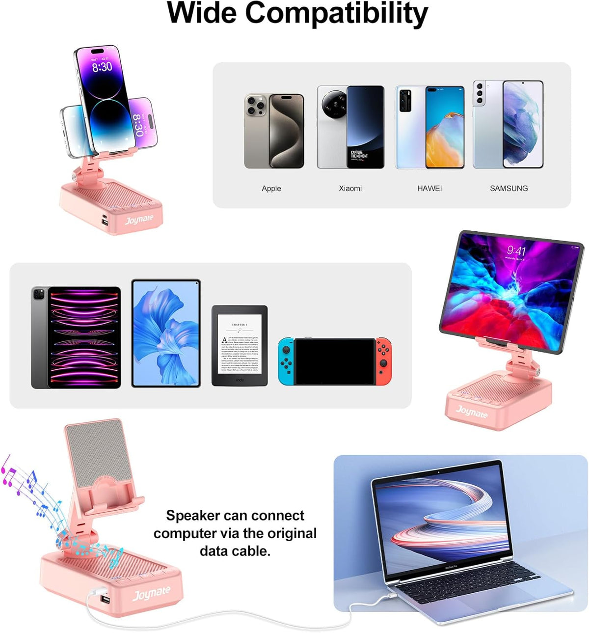 Gifts for Men Women, Phone Stand with Bluetooth Speaker and Charging Function 360° Rotable Angel Adjustable Cell Phone Holder with HD Stereo Sound Fits All Phones,Tablet (Pink)