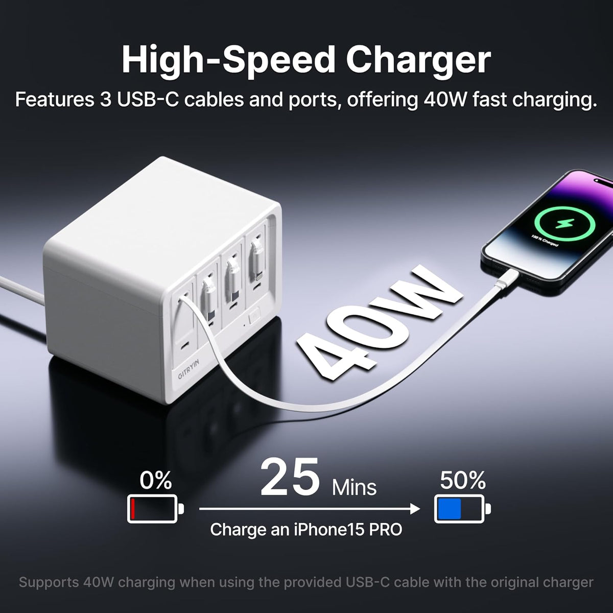 12-in-1 Desktop Charging Station with 3 Retractable Type-C Chargers and 1 Lightning Charger, 40W USB-C Power Strip with 31.5in Cable, Extension Cord with 1020J Surge Protection for Home Office