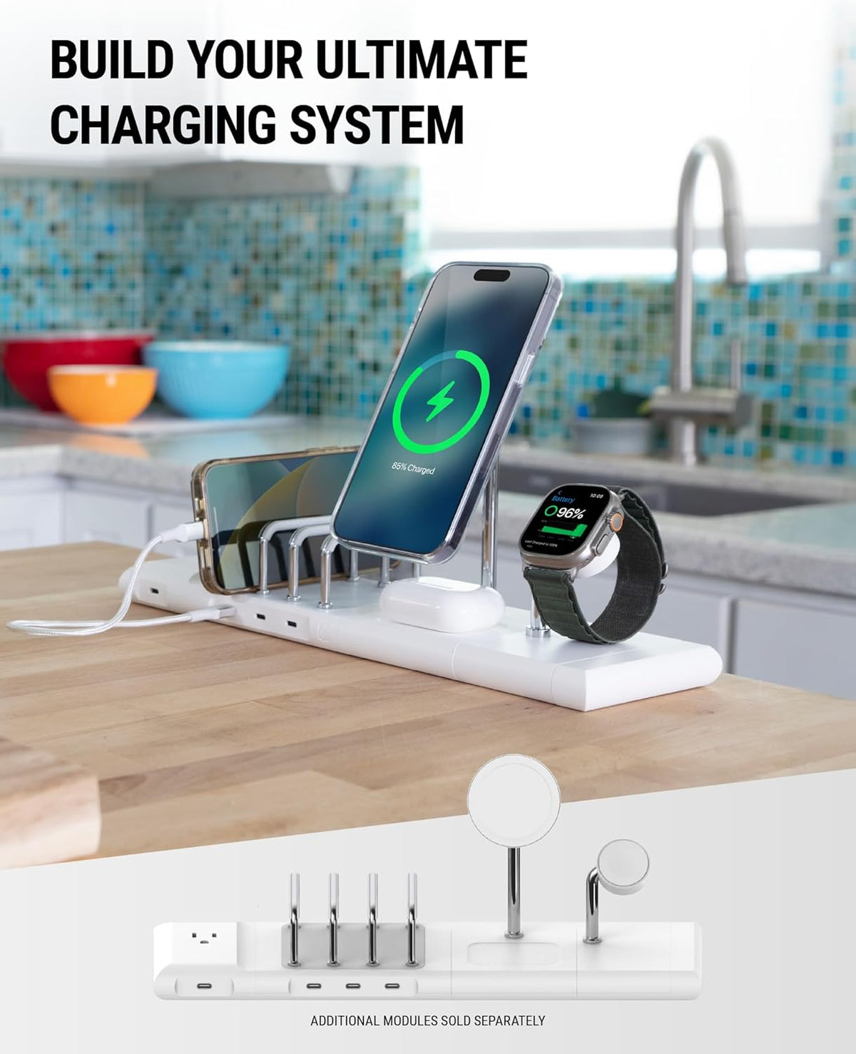 Scosche BaseLynx 2.0 Modular Charging Station with 15W MagSafe Wireless Charger Stand, 5W Charging Pad for AirPods Pro and 3 Port 60W USB-C Multi Device Fast Phone Charger Compatible with Apple iPhone