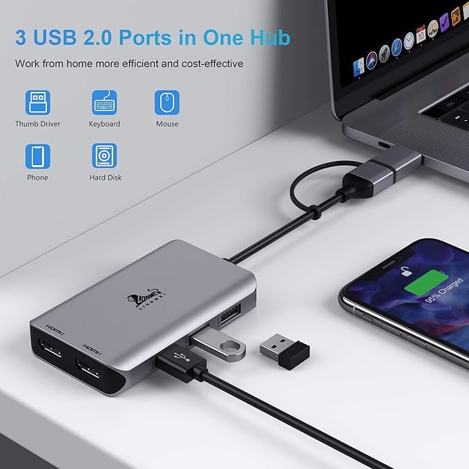 LIONWEI USB 3.0 to Dual HDMI Docking Station for Windows & macOS USB C Adapter 2 Monitor Splitter for MacBook Pro/Air/M1/M2/Dell/HP/Lenovo/Surface