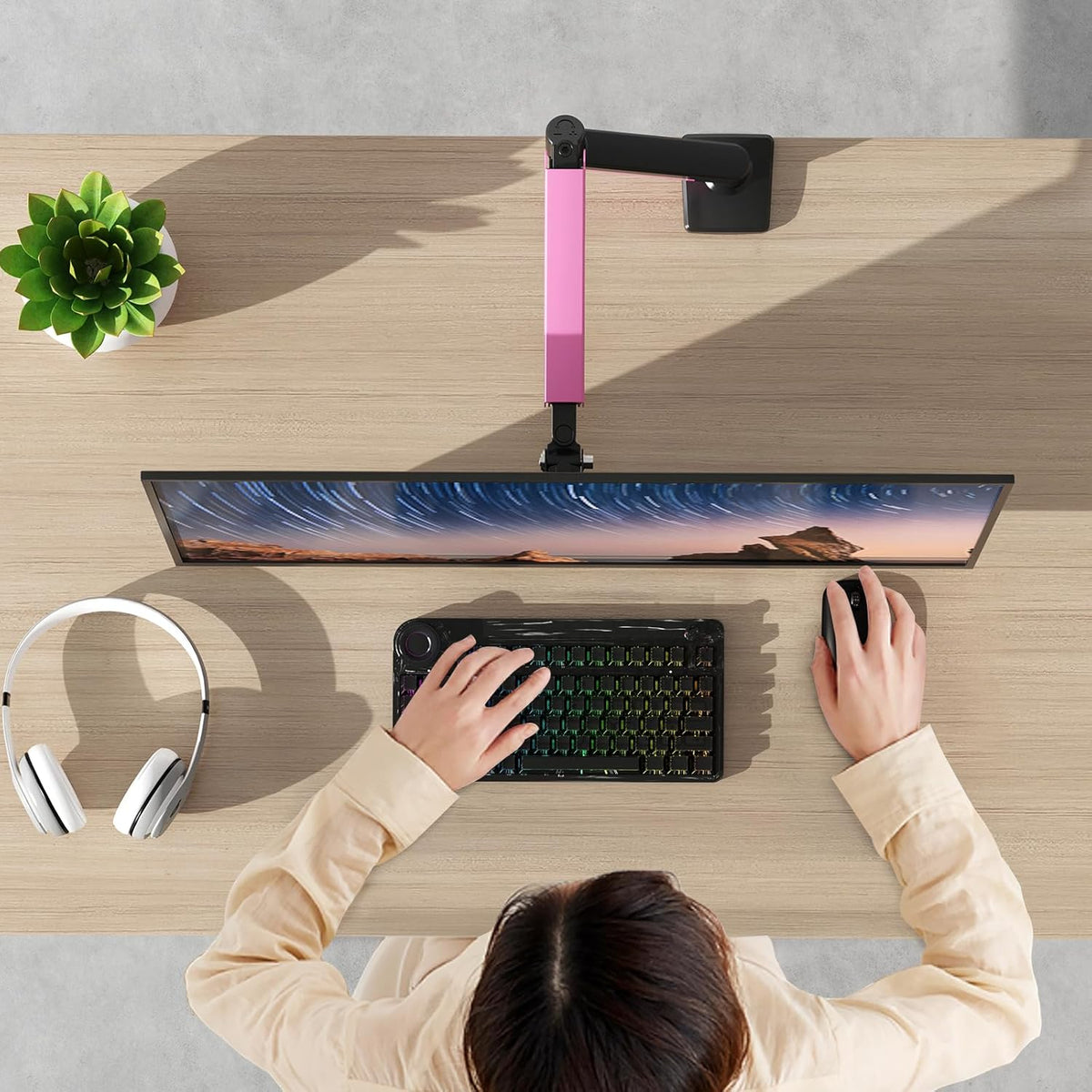 PHOLITEN Single Monitor Arm Fits 13-32 inch,4.4-19.8lbs Screen, Fully Adjustable Gas Spring Arm, Computer Monitor Stand with VESA 75 * 75mm/100 * 100mm Mount,Black & Pink