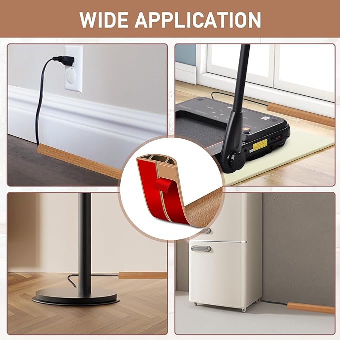 Floor Cord Cover Self Adhesive Cord Hider Floor Extension Cord Covers for Floor Power Cord Protector Cable Management Prevent Cable Trips Cable Cavity 0.51" W x 0.31" H (Light Brown Wood, 10Ft)