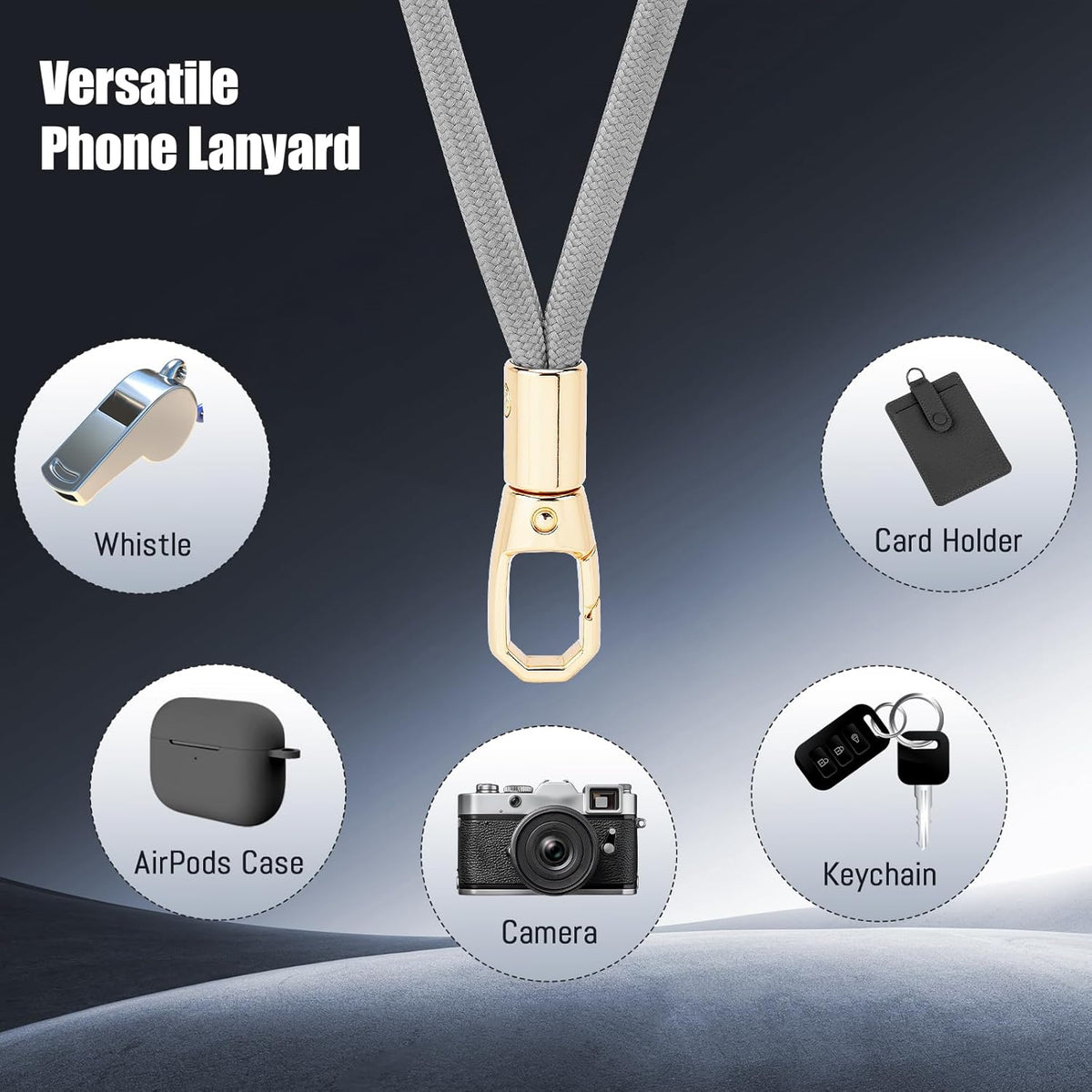 Phone Lanyard 2 Pack, 2x Adjustable Crossbody Phone Strap, 2x Tether Tab, Anti-theft Universal Cellphone Multifuctional Patch Lanyards for iPhone & Most Smartphones, Black + Silver Gray